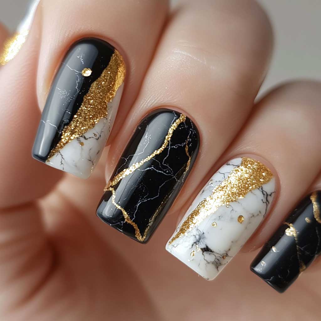 Marble Nail Art - Gold Flake Marble Design